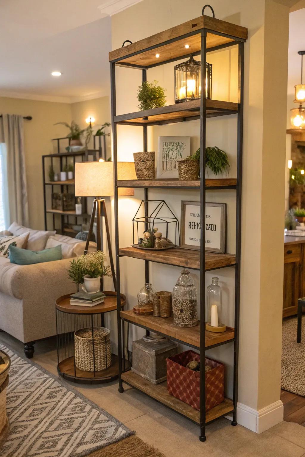An array of materials creates eclectic shelving.
