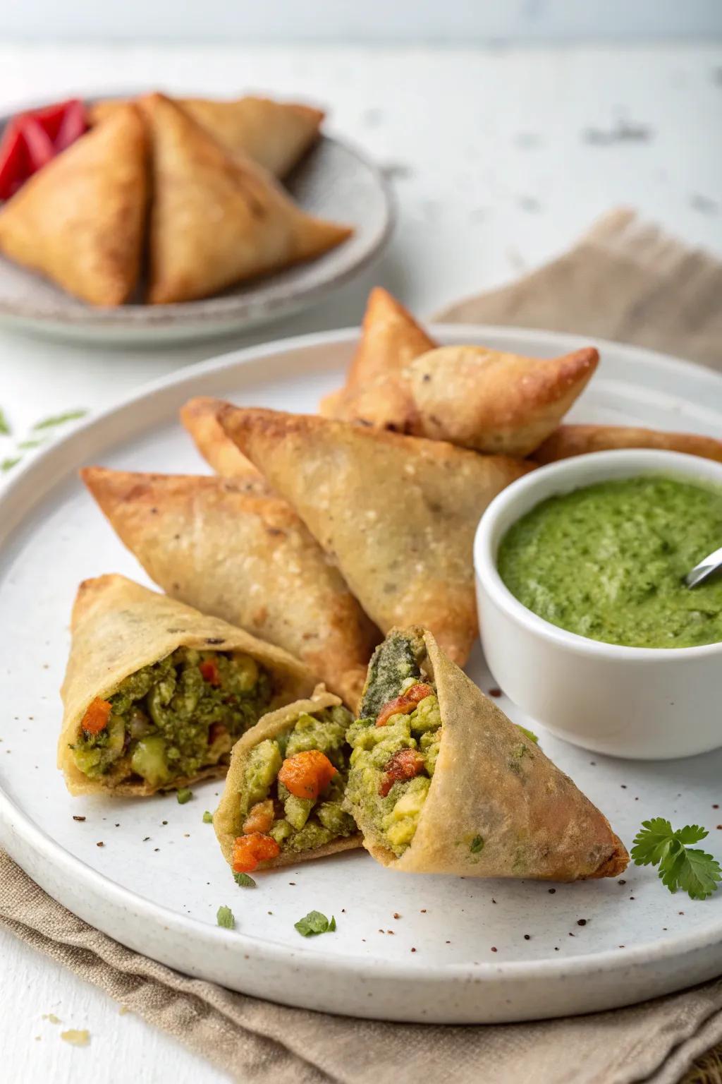 A modern take on crispy treat with a mixed grains and vegetable filling, served with mint chutney.
