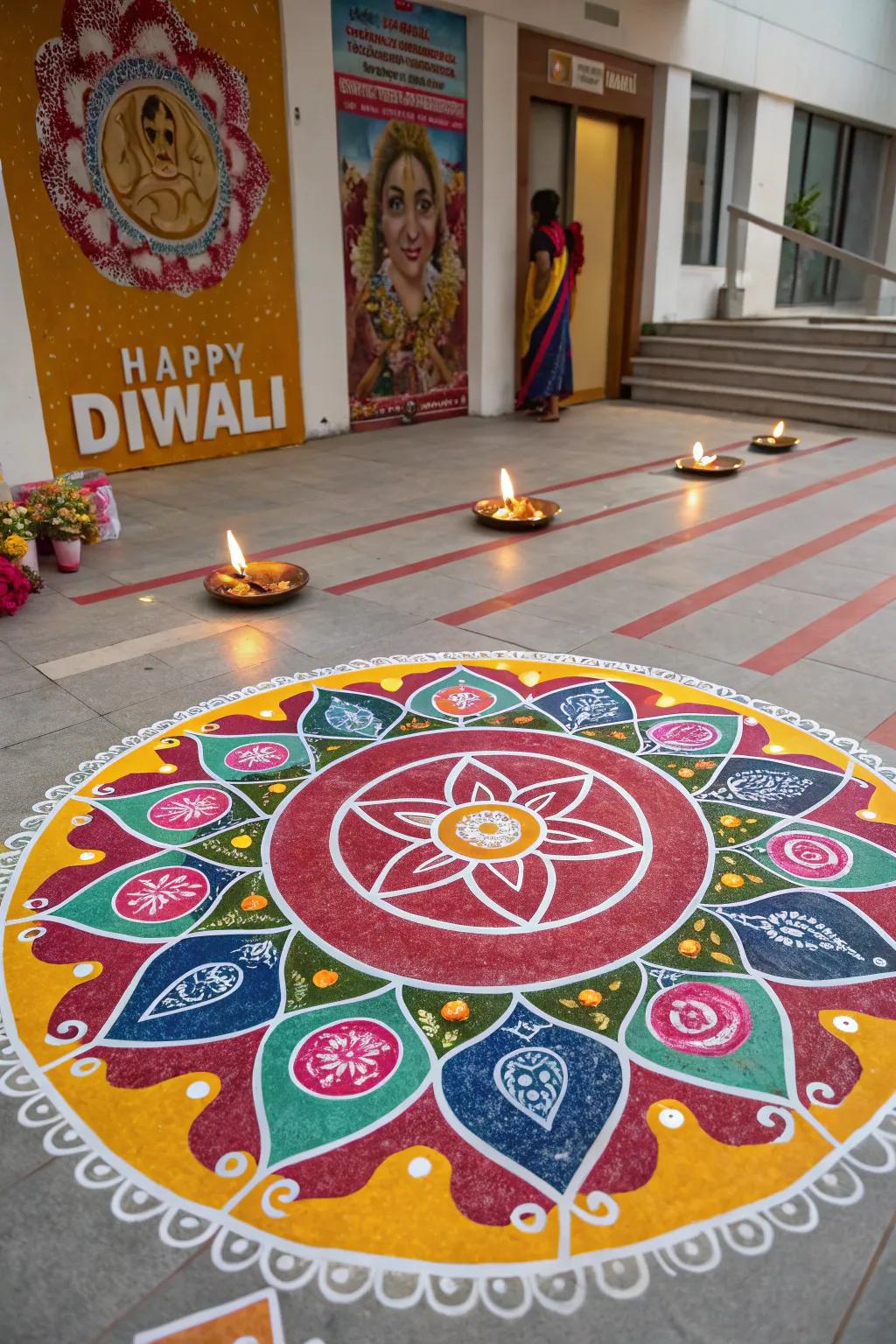 A cheerful Diwali poster showcasing a colorful patterned ground art design.
