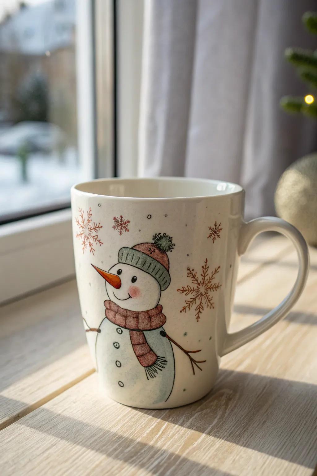 Feel the warmth with a handmade snow figure cup, suitable for pleasant winter sips. ❄️☕️