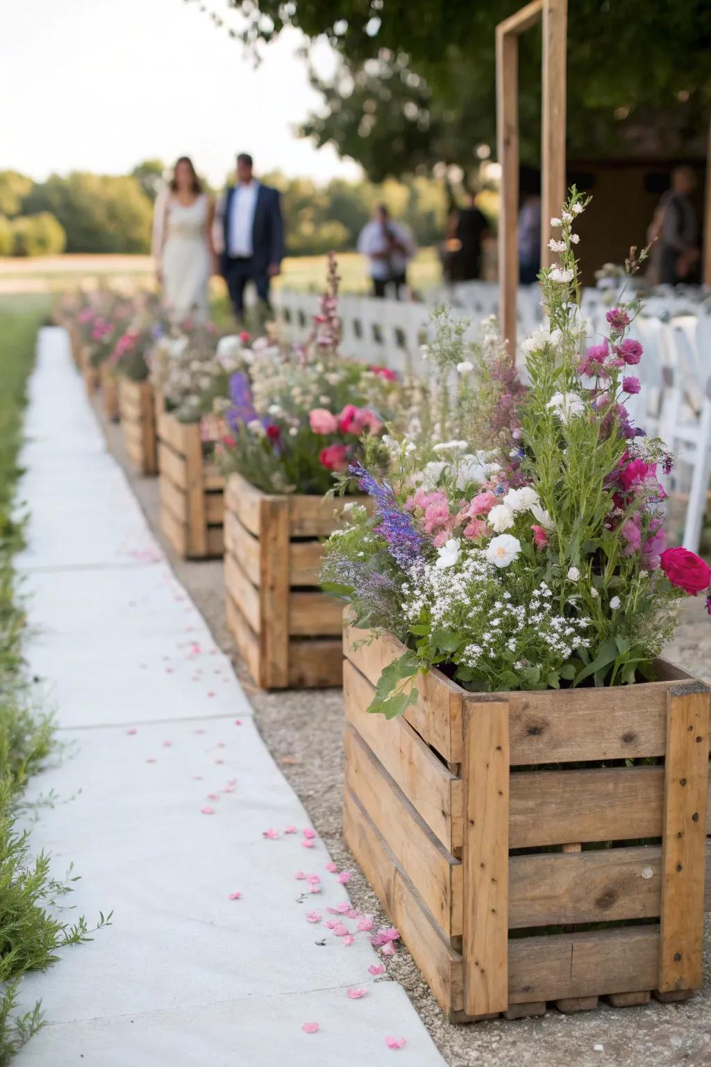 Wood boxes brimming with flowers bring a countryside touch to your aisle.