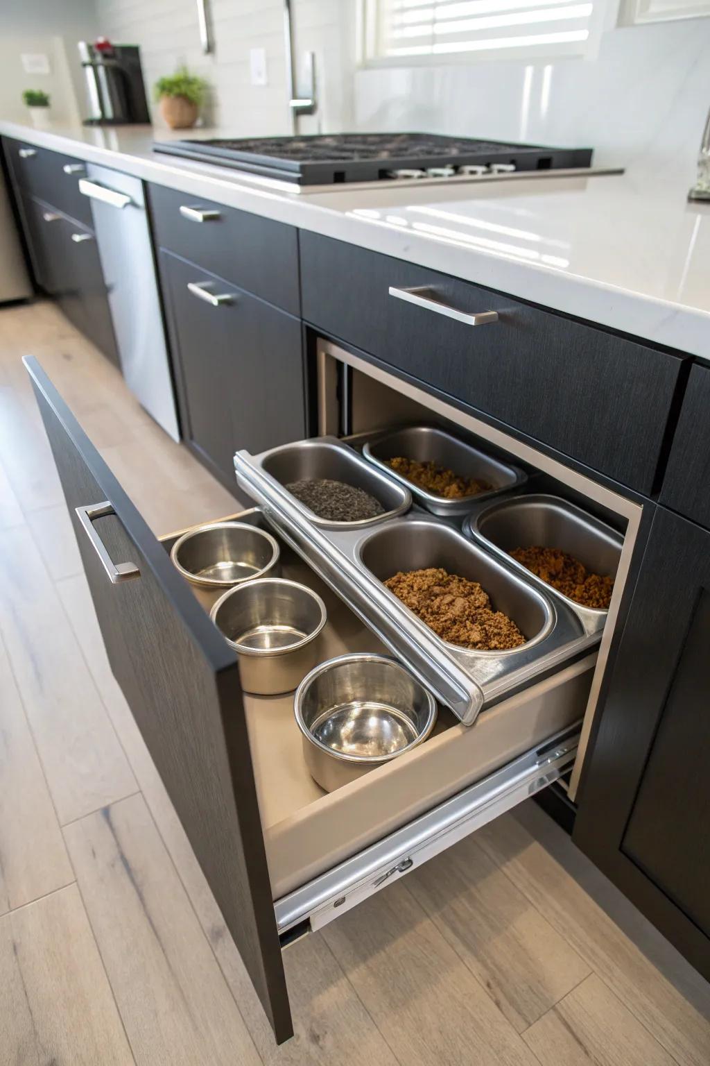 A kitchen cabinet enhanced with a slide-out shelf, ideal for discreet dog food storage.