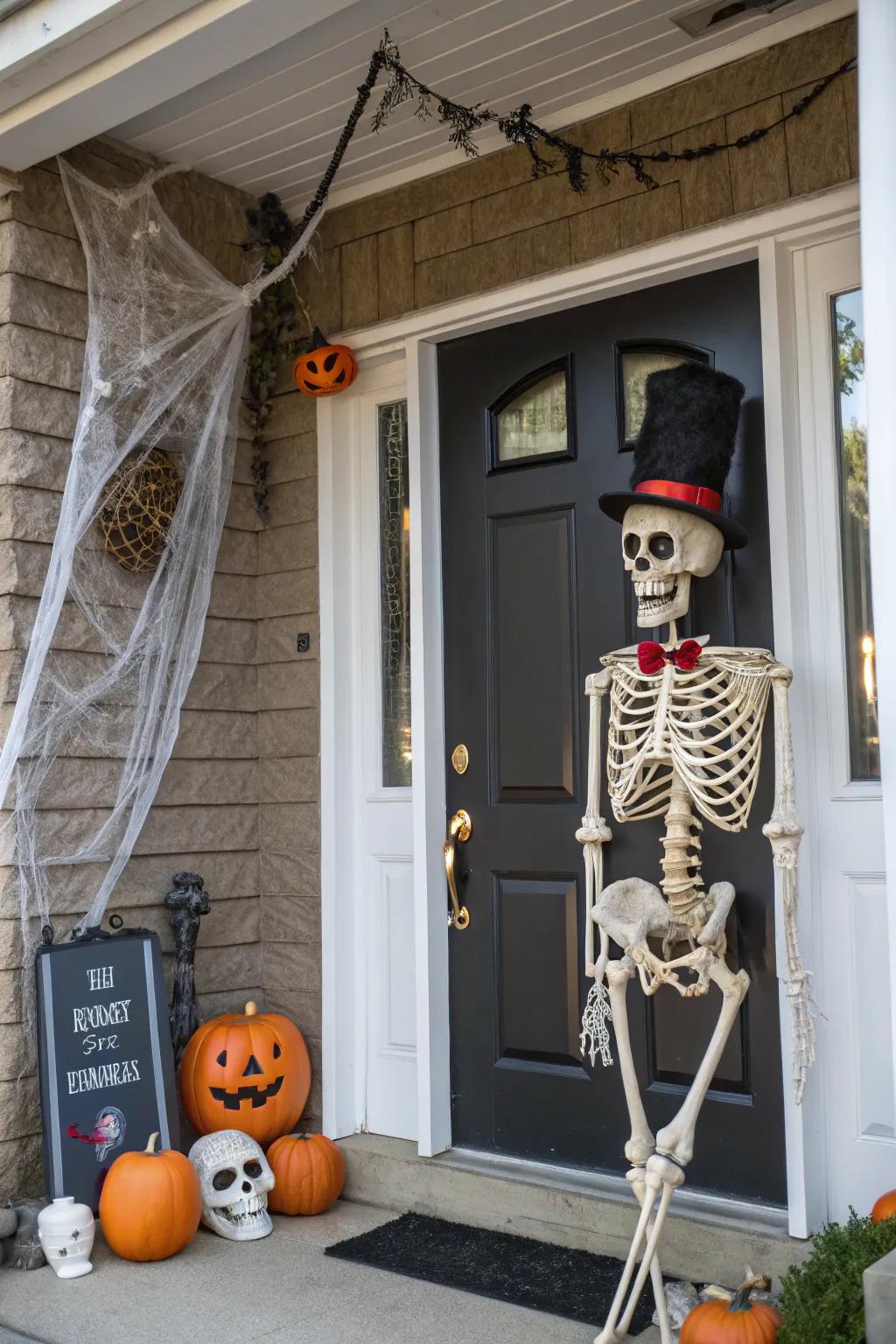 A boney figure welcomes visitors at this Halloween-themed door.