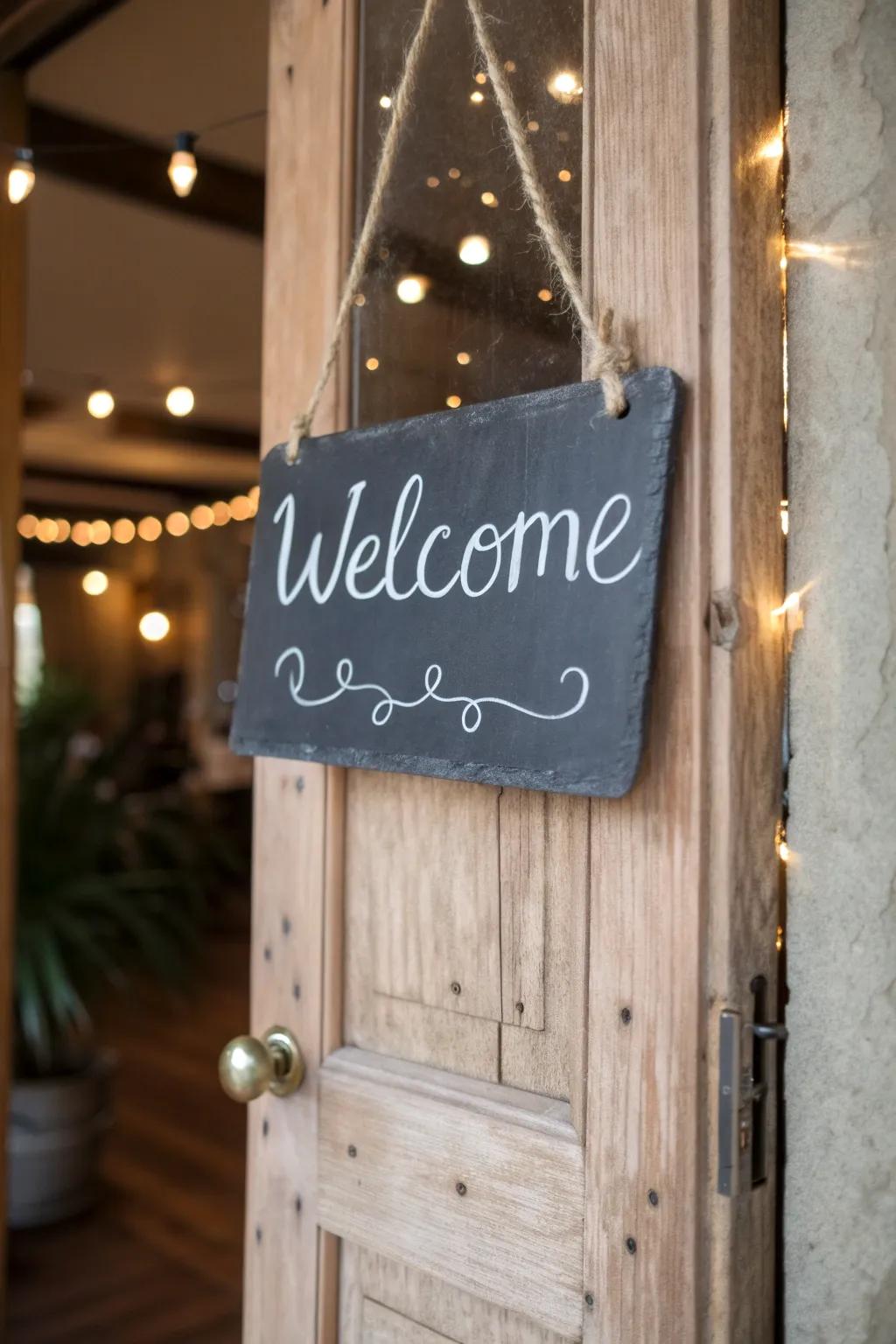 Add a personal touch to your entrance with a charming chalkboard door hanger.
