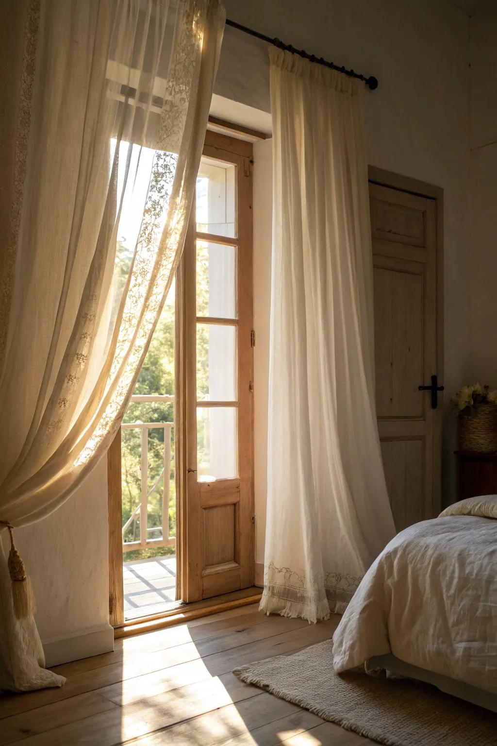 See-through linen drapes foster a serene sleeping quarter atmosphere.