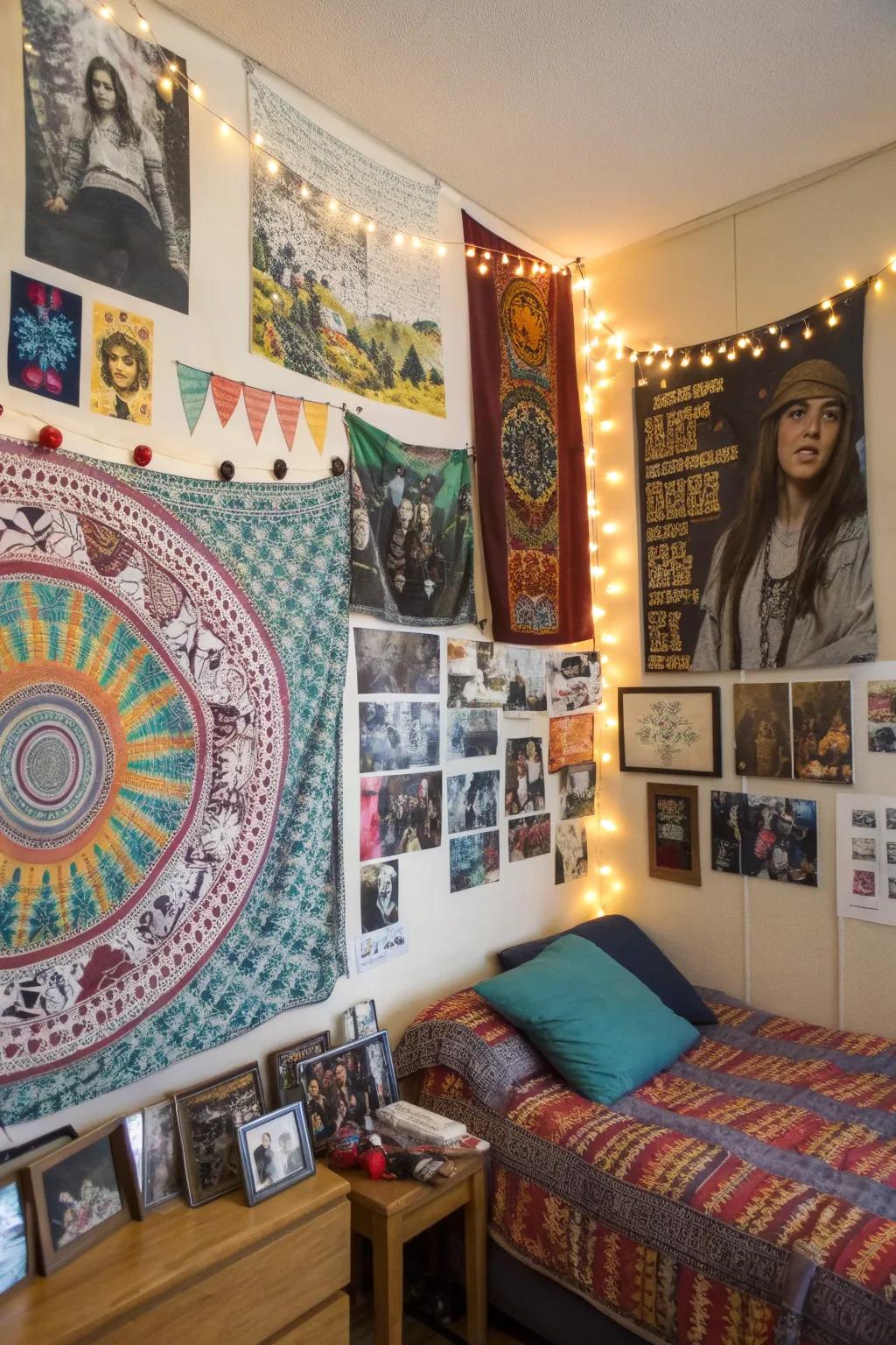 Turn your dorm room walls into a personal gallery with decorations.