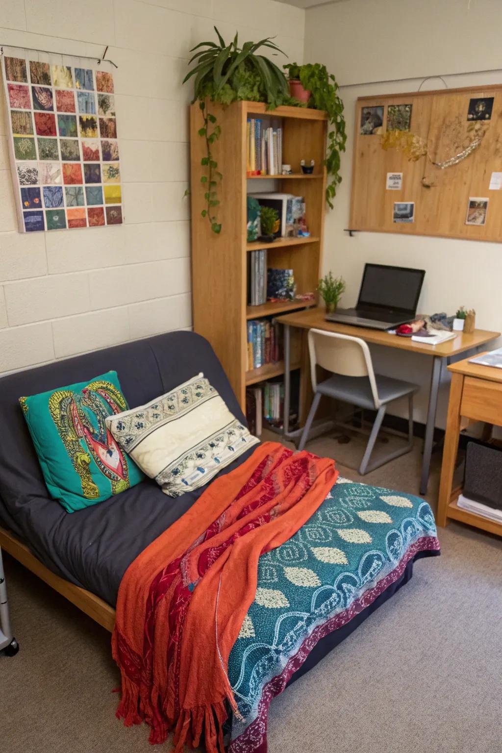 A sleeper sofa, suited for both seating and sleeping in limited dorm areas.