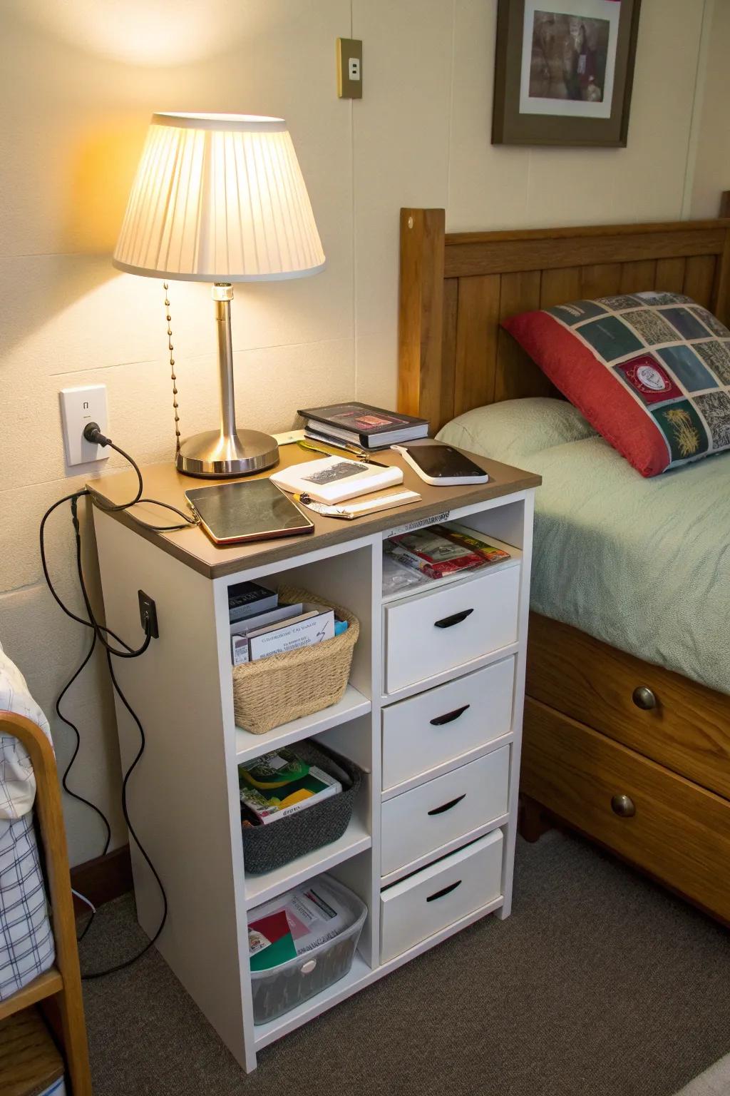 A multipurpose nightstand offers concealed storage in a fashionable design.