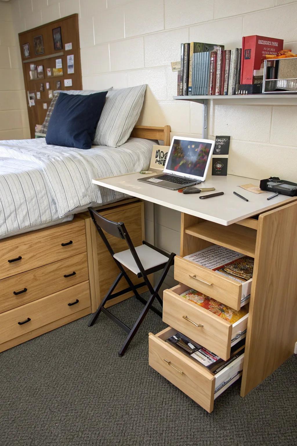 Multi-purpose furniture is essential for setting up a smart dorm room.