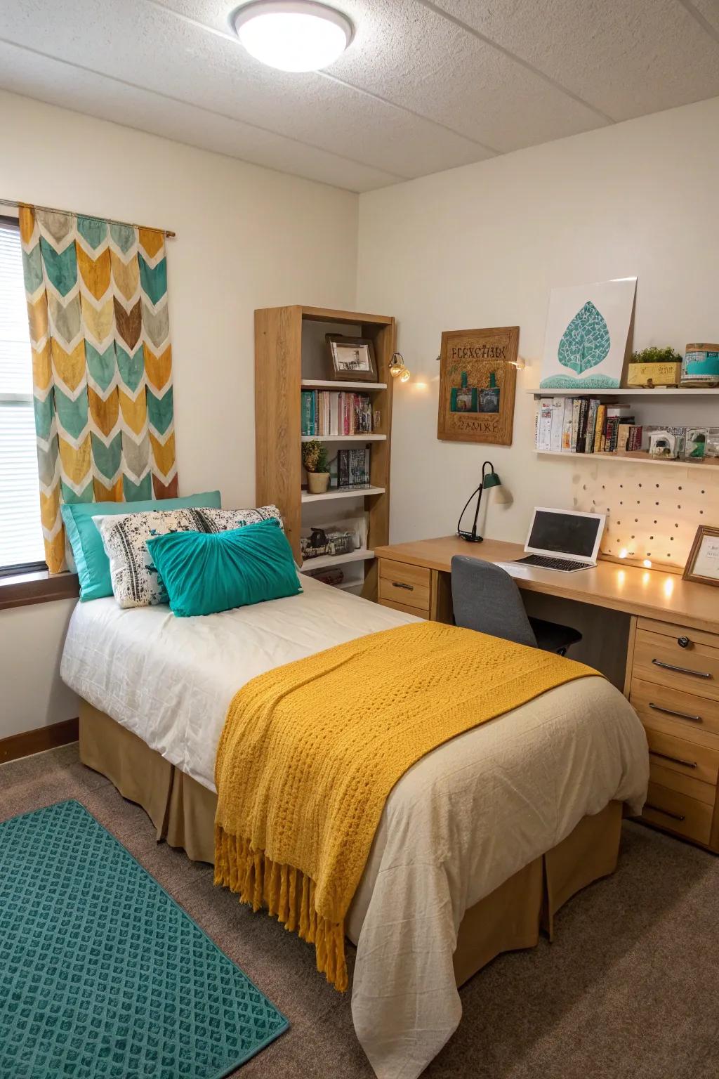 Highlight colors contribute vibrancy to a neutral dorm room.