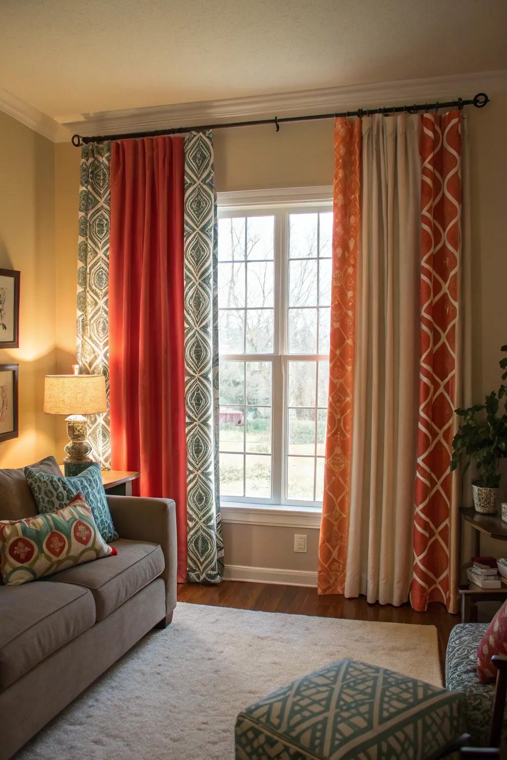 The combination of mixed patterns and solid colors in these layered curtains adds a sophisticated touch to this living room.