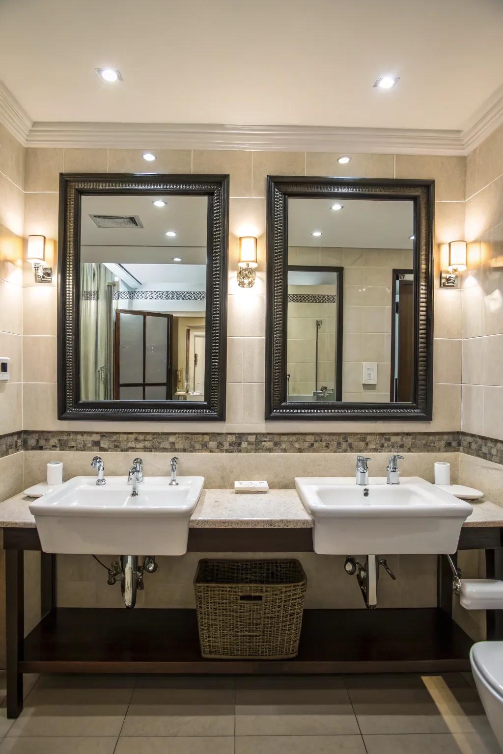 A symmetrical bathroom design with impeccably aligned double sinks and mirrors.