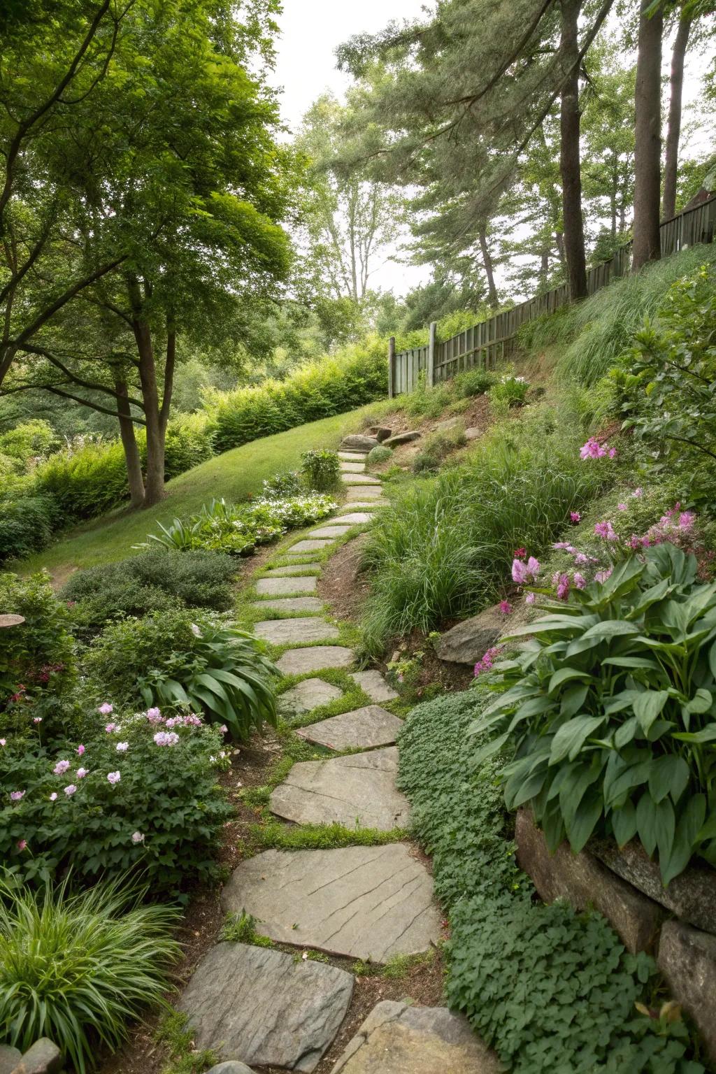Stone walkways enhance both functionality and rustic beauty in a sloped garden.