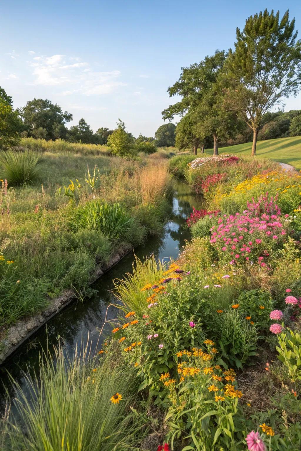 Abundant vegetation infuses life and stability into a drainage swale.