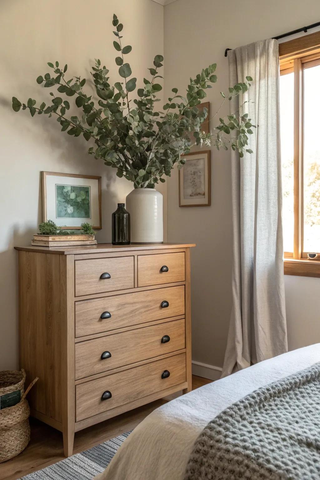 Eucalyptus in a vase brings a lively, fresh feel to the dresser.