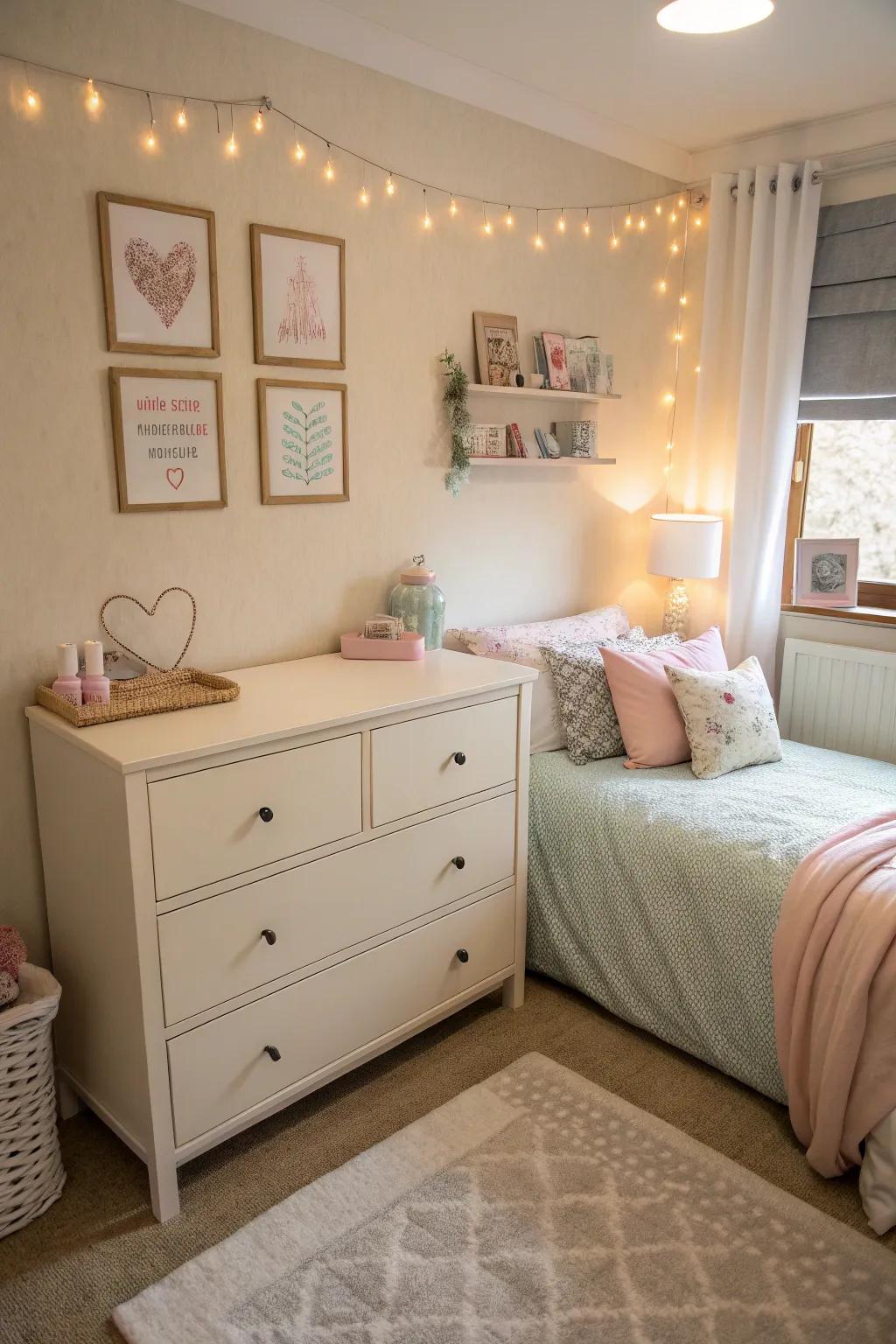 A dresser in a light color that amplifies the airy atmosphere of a petite bedroom.