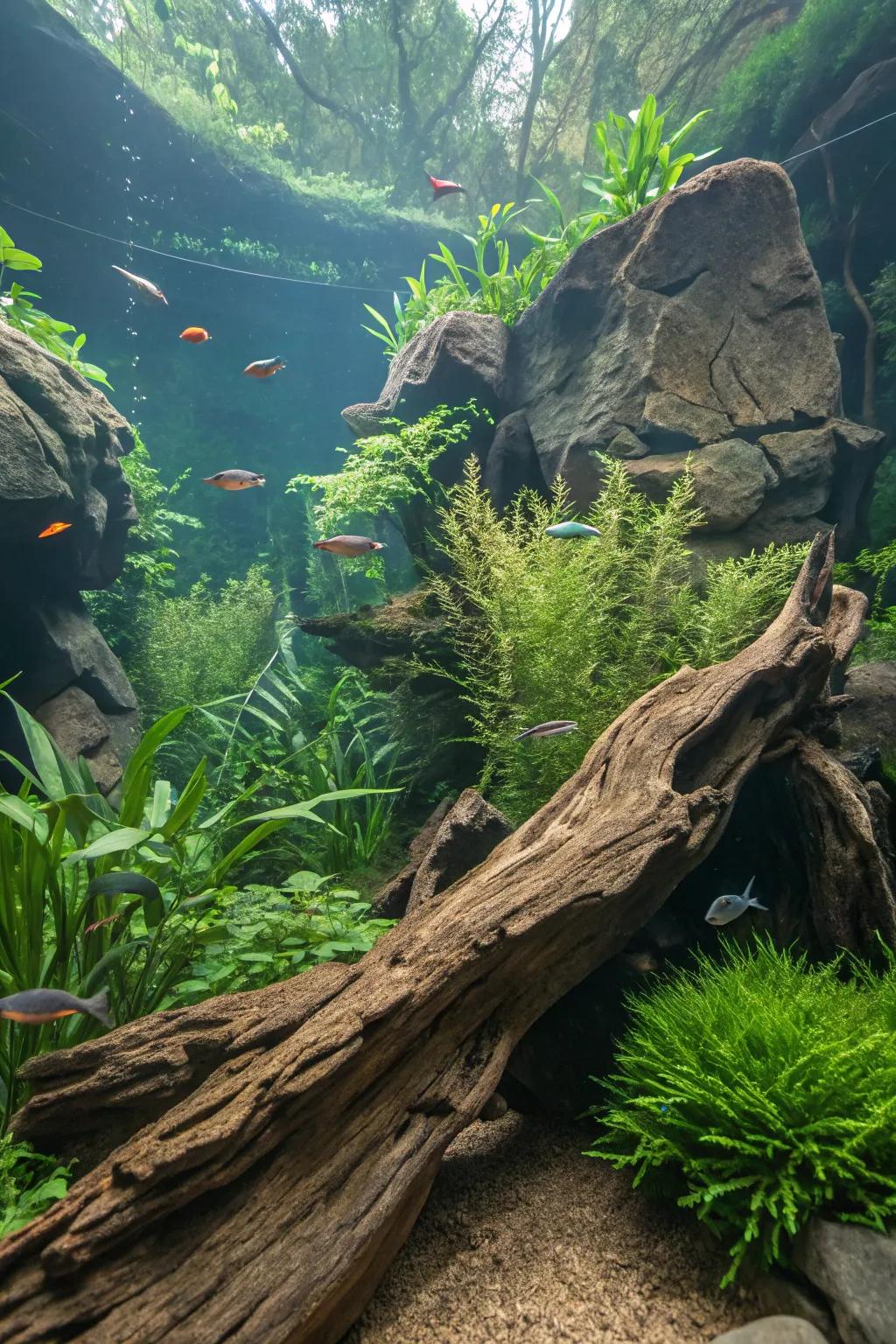 A thick aquatic jungle made with timber and rich plant life.