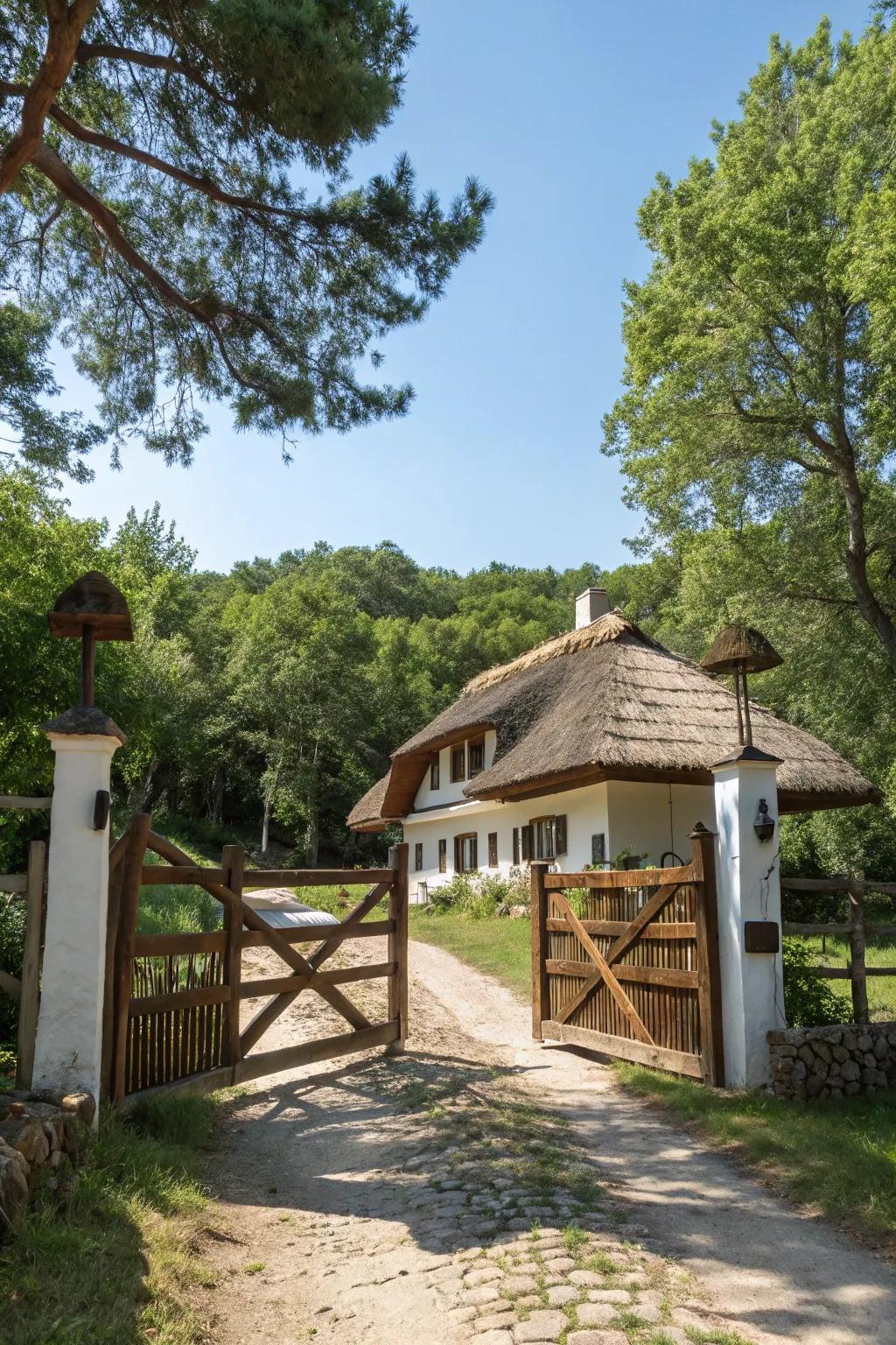 A countryside timber gate that harmonizes perfectly with its natural setting.
