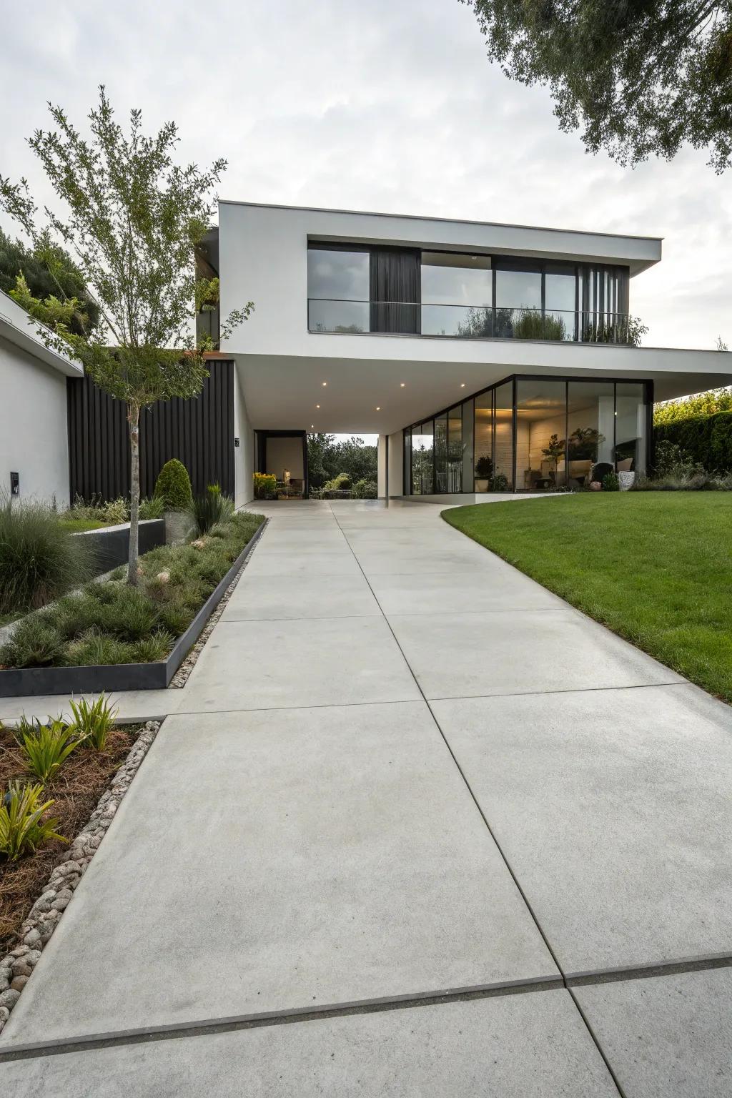 Concrete driveways project a streamlined and contemporary aesthetic.