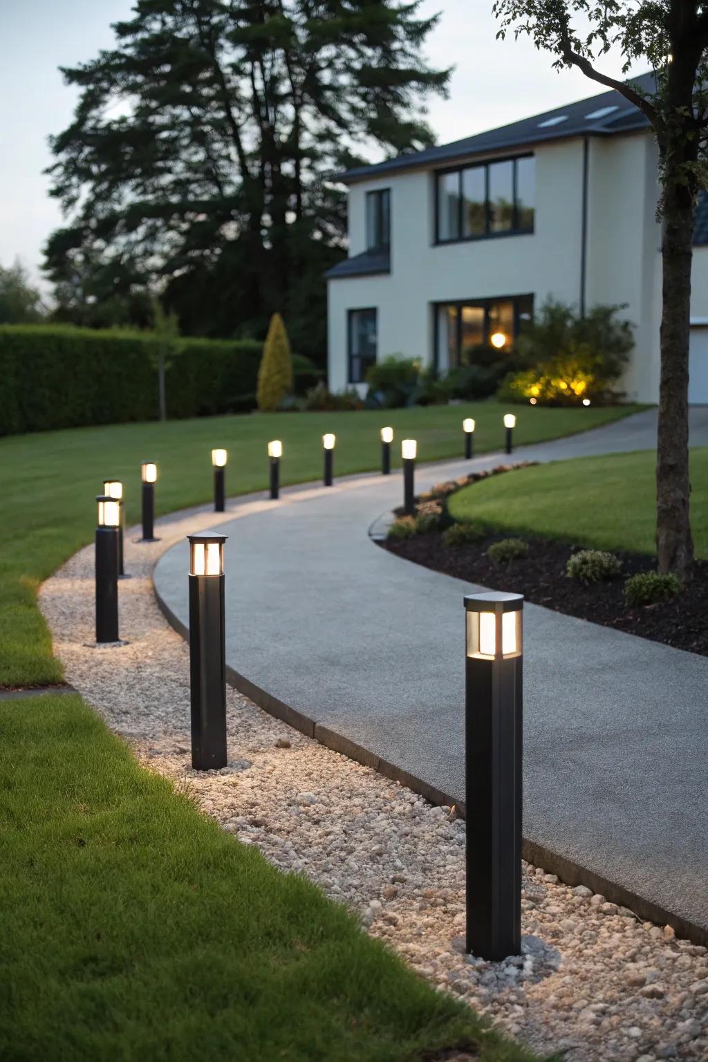 Contemporary upright lights adding an elegant touch to the drive.