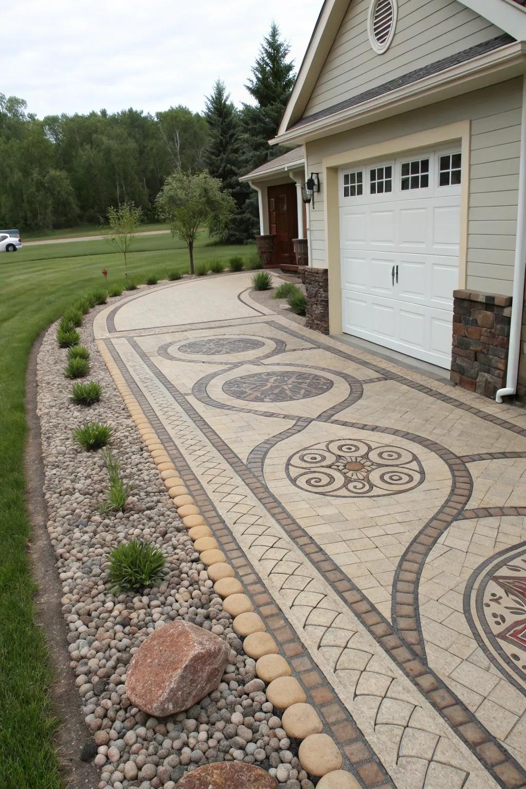Artistic flagstone pathway enhancing the driveway's charm.