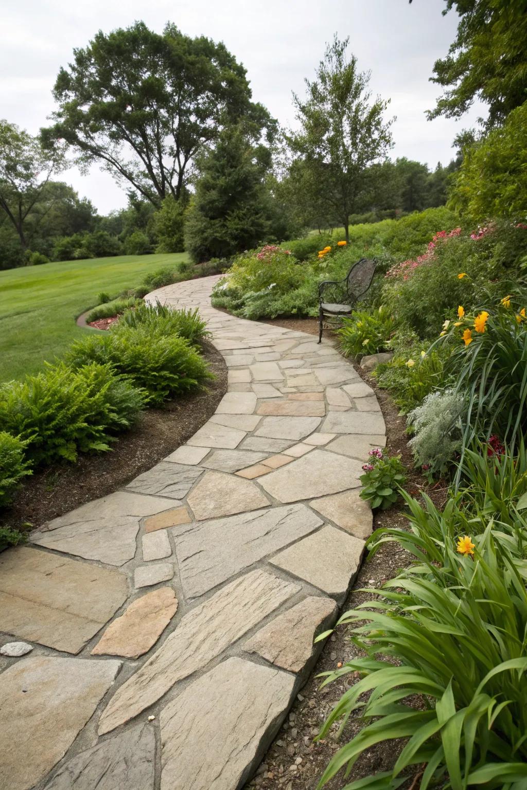 A curved natural stone path displaying appealing natural beauty.