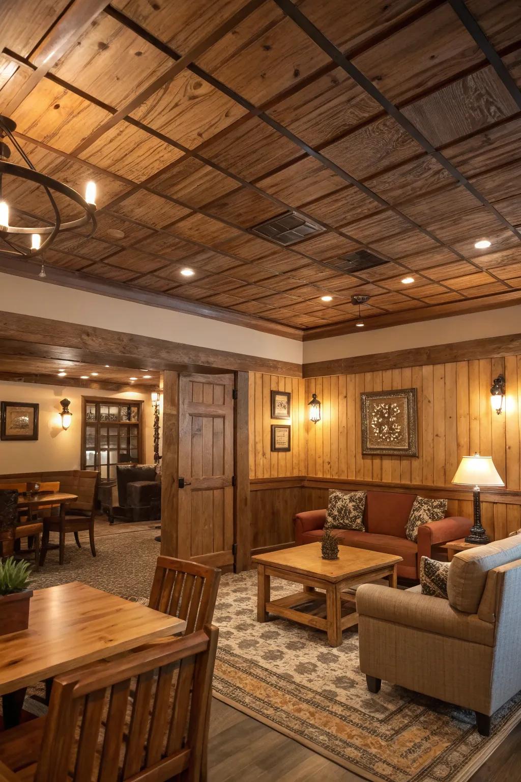 Rustic allure with wood panel dropped ceilings.