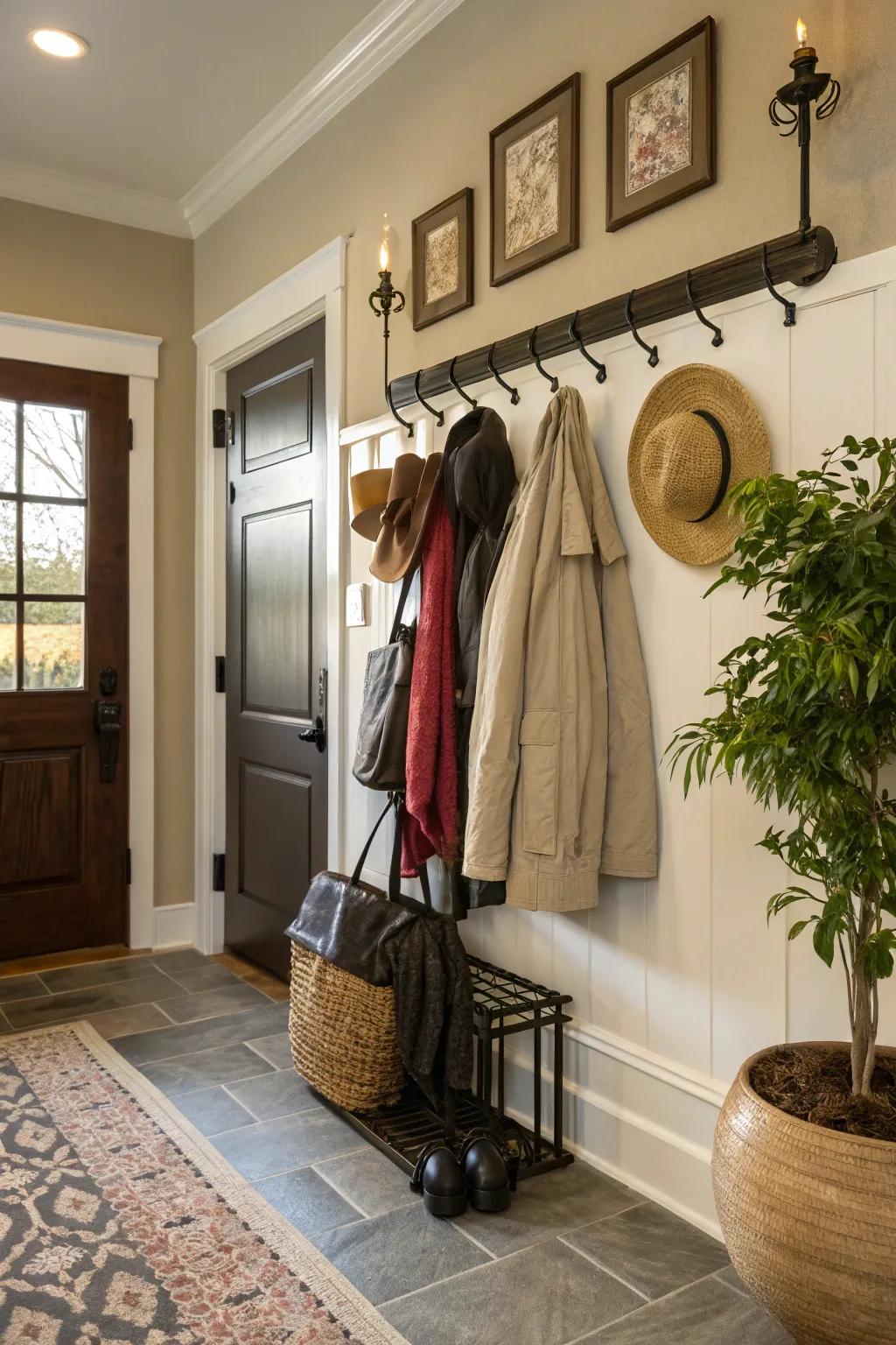 Hooks placed at different heights give you plenty of hanging space.