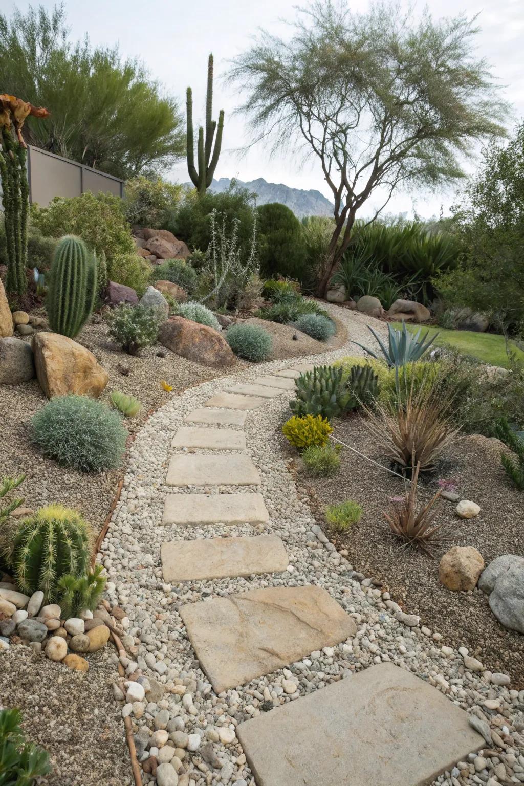 Paths made of gravel and stone offer both visual appeal and functional benefits in arid gardens.