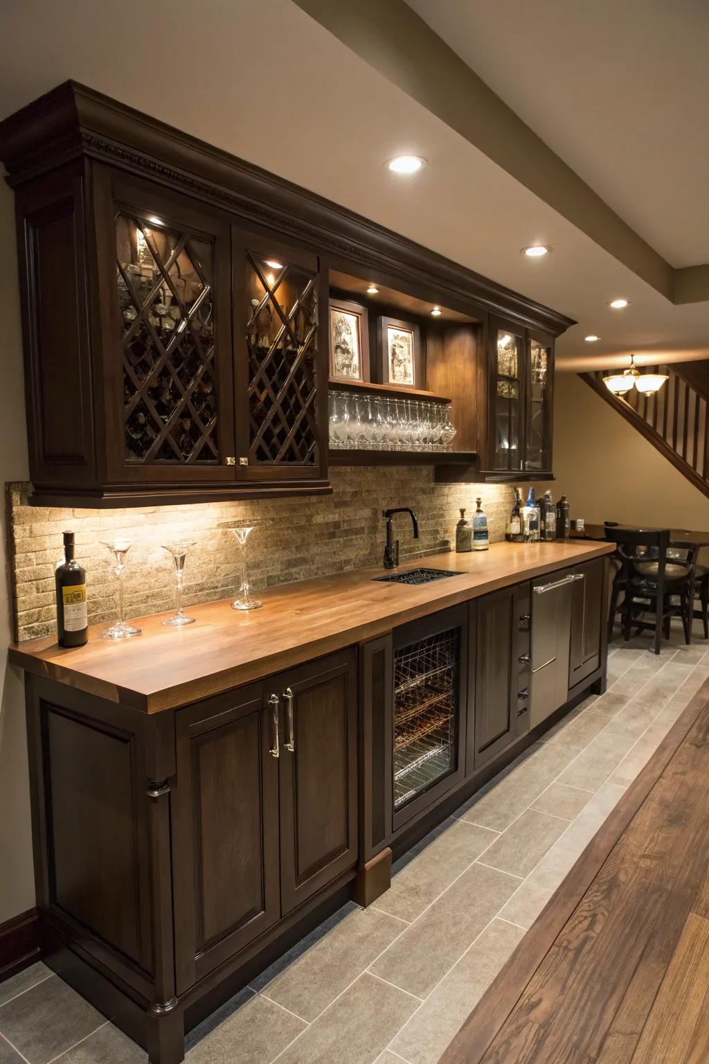 A wooden countertop brings a warm and elegant touch.