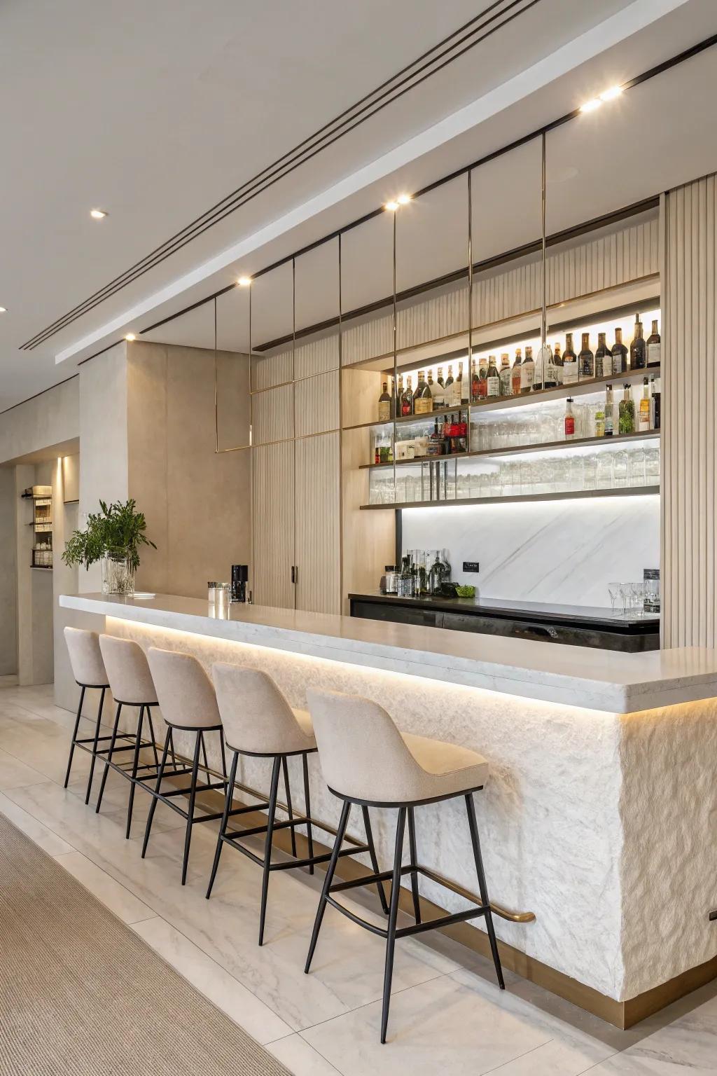 Modern simplicity infuses a serene atmosphere into your home bar.