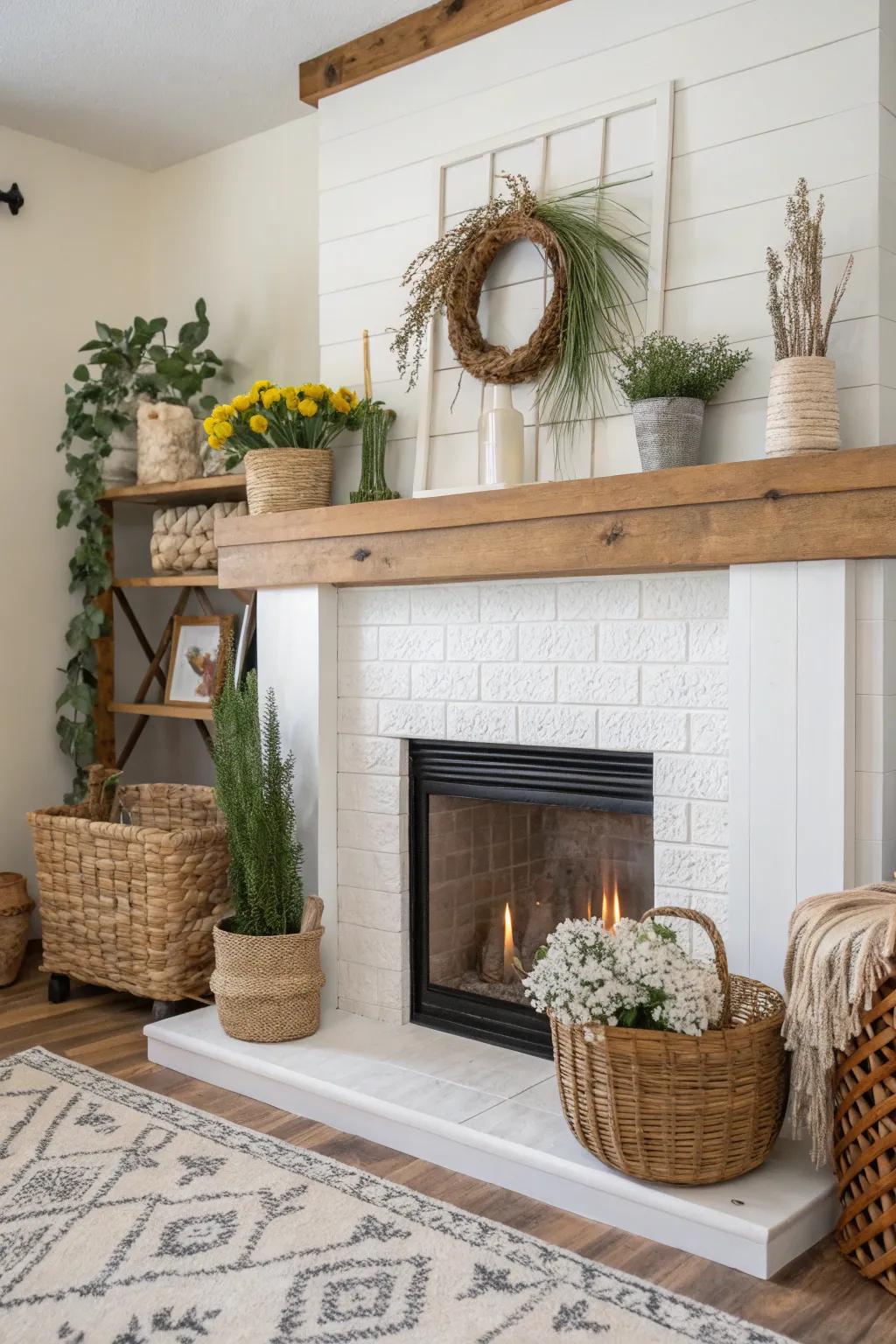 A drywall fireplace with a hint of nature.