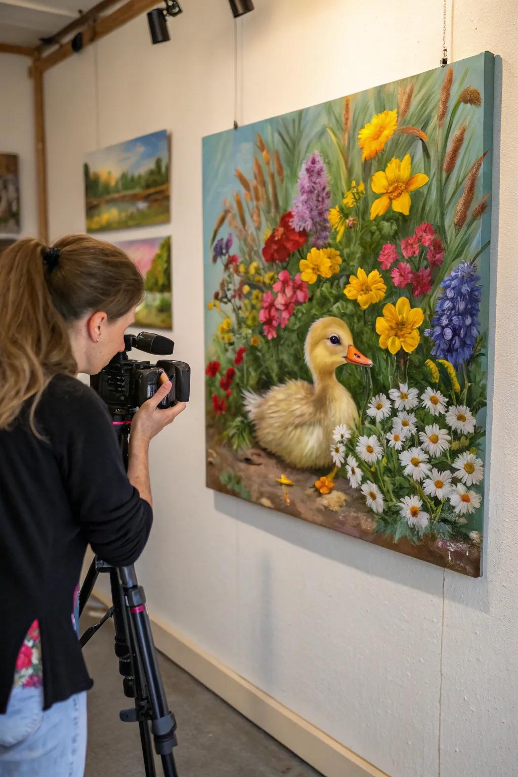 A duckling among blossoms art piece brings the essence of spring indoors.