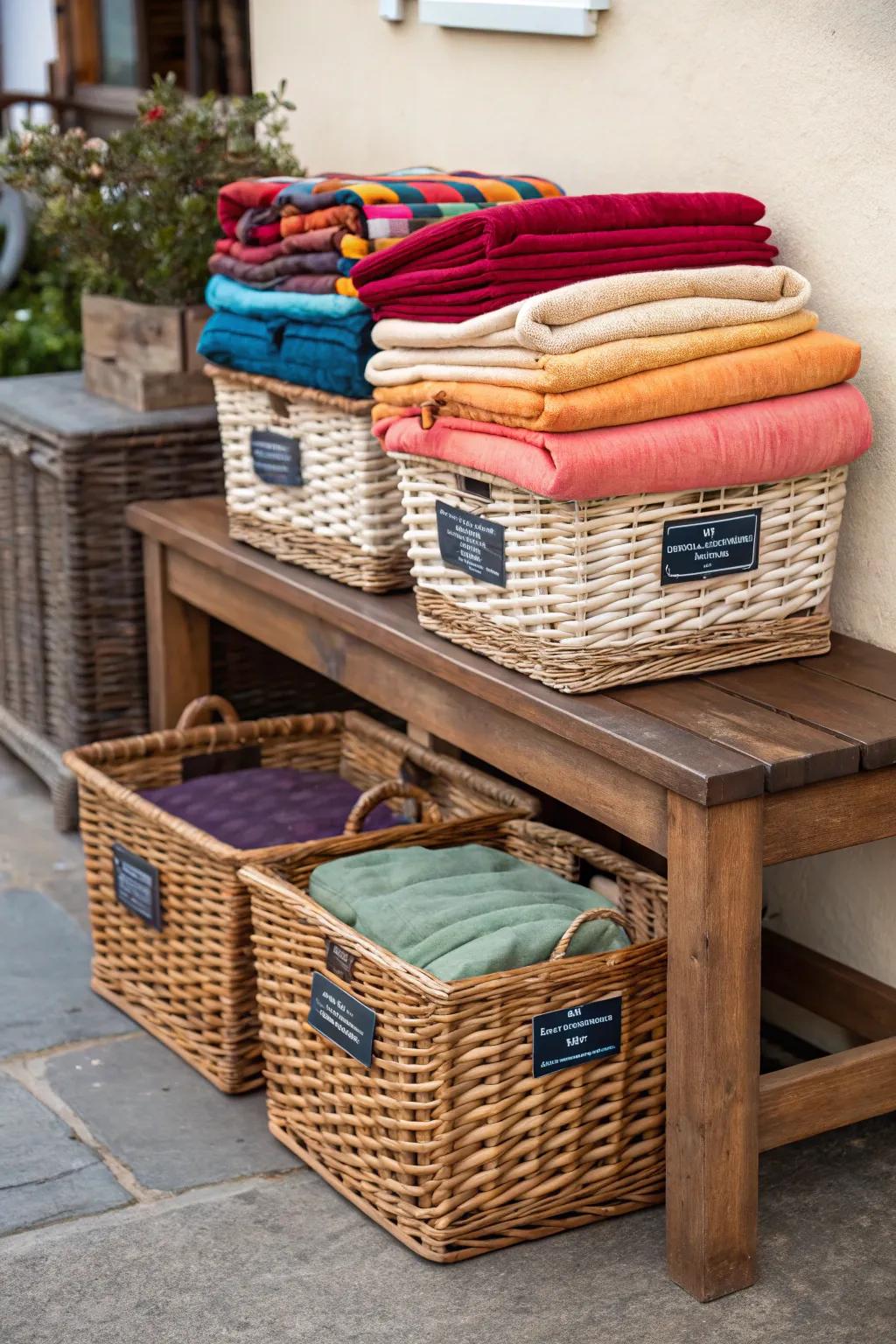 Baskets and boxes provide a rustic yet functional storage solution.