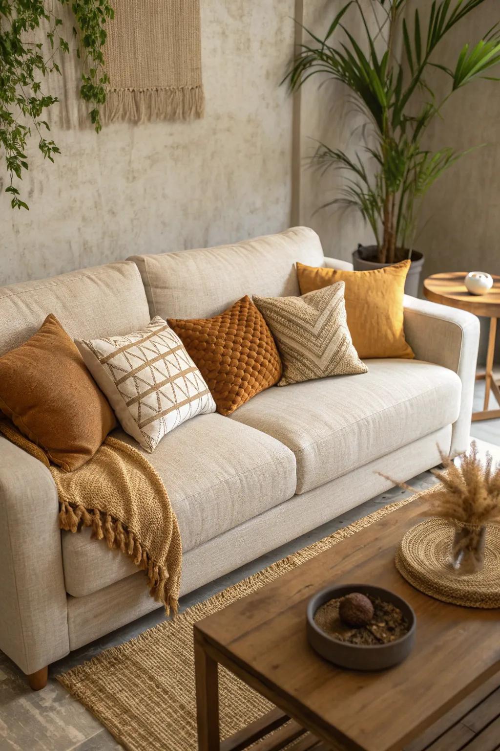 Design a peaceful living area using neutral foundations complemented by earthy accents.