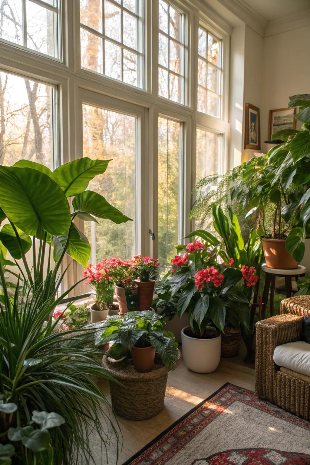 A room abundant with houseplants and flooded with natural light.