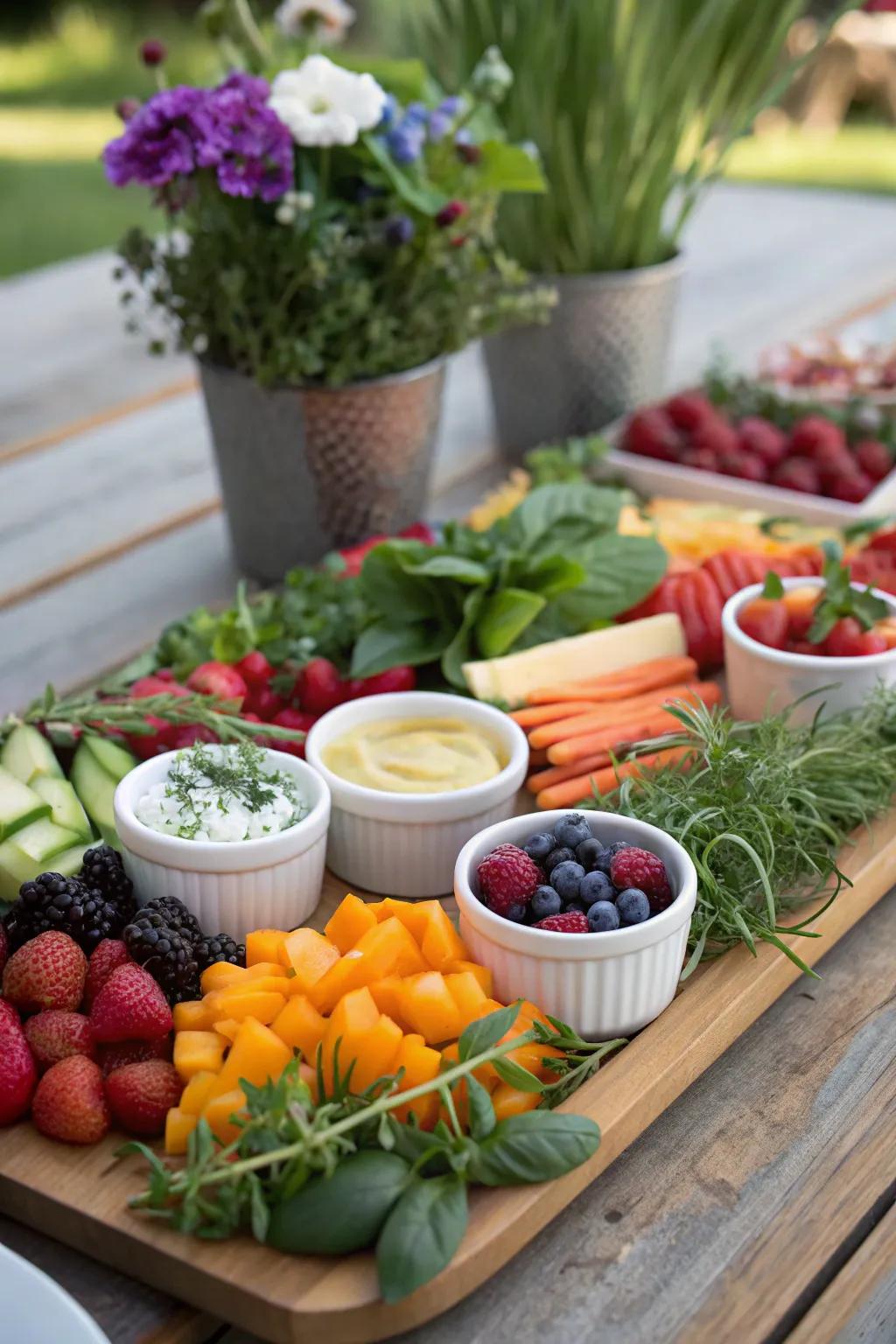 A fresh and vibrant spring garden-inspired grazing board.