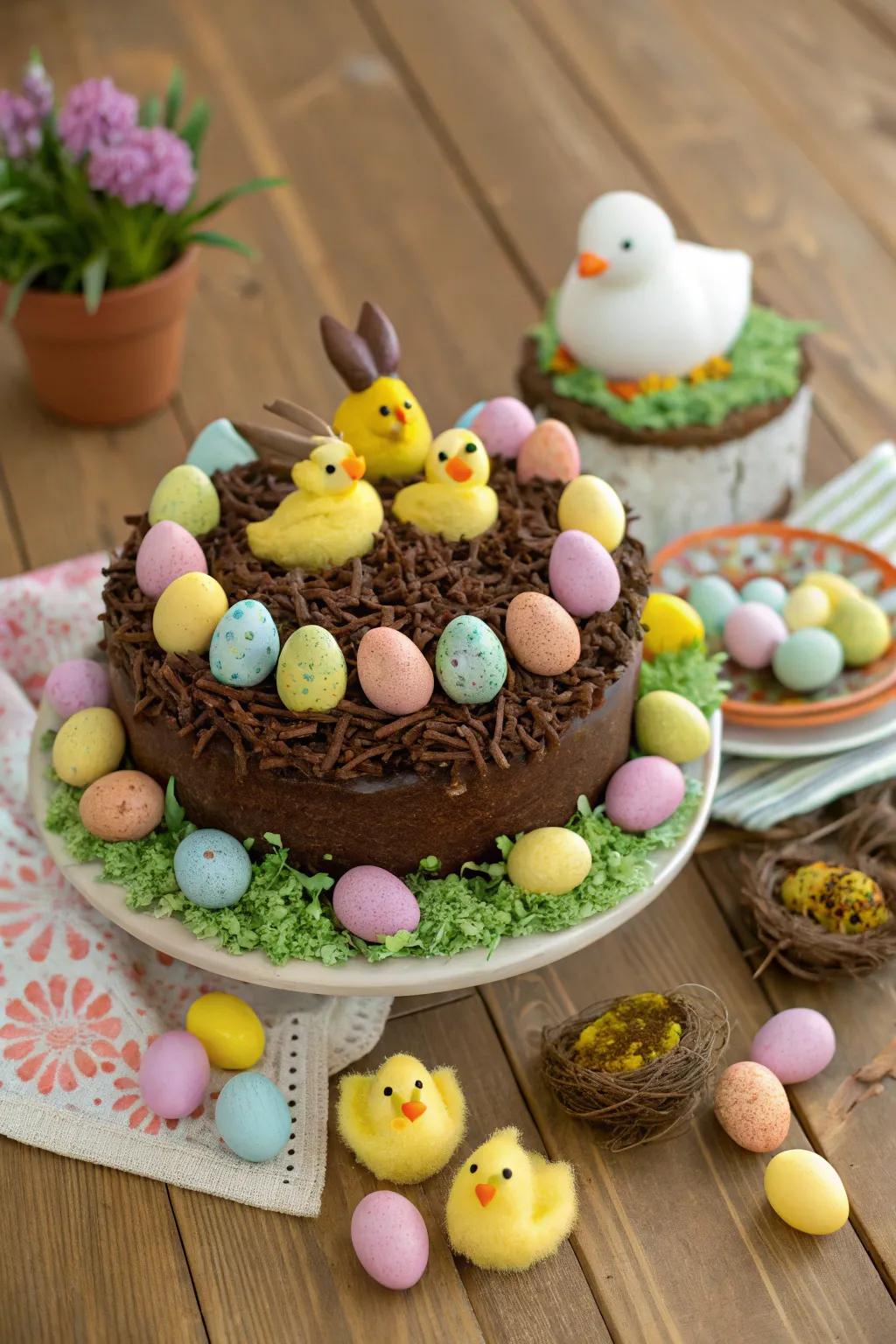 Chocolate bunnies fashion a whimsical Easter scene atop this cake.
