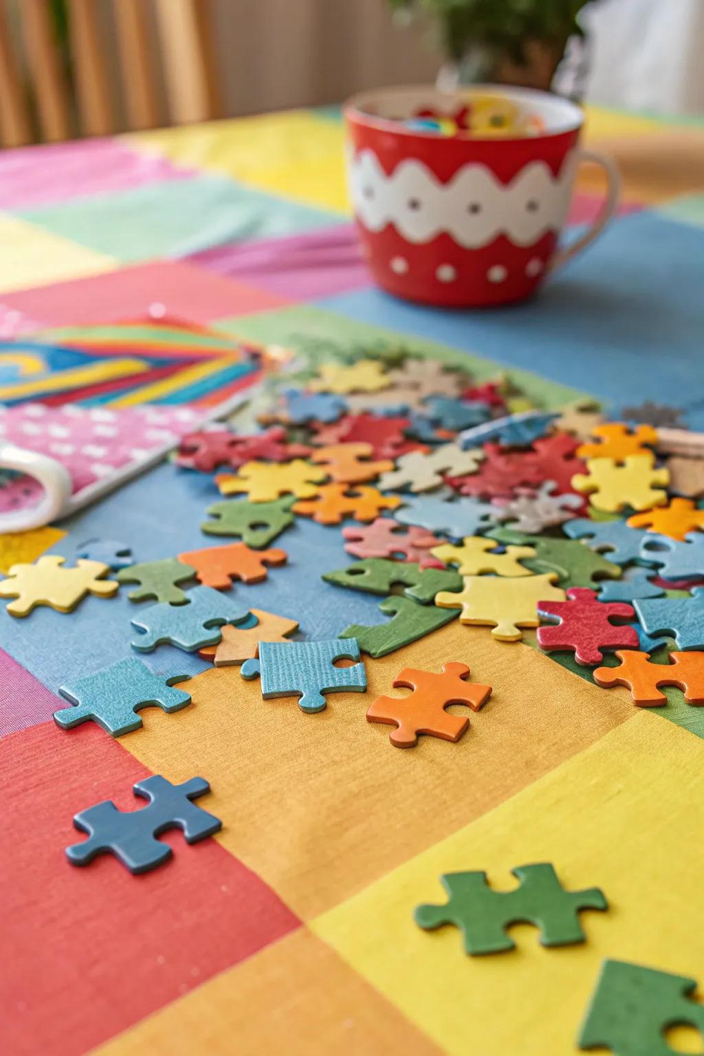 Jigsaw pieces waiting to be hidden inside Easter eggs.