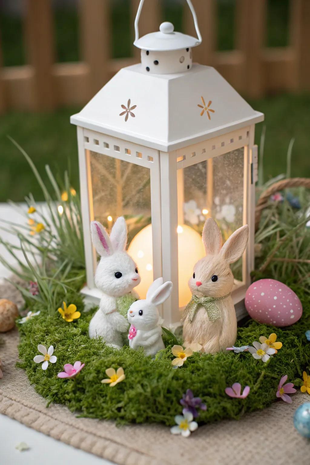 An endearing bunny scene nestled inside a lantern.