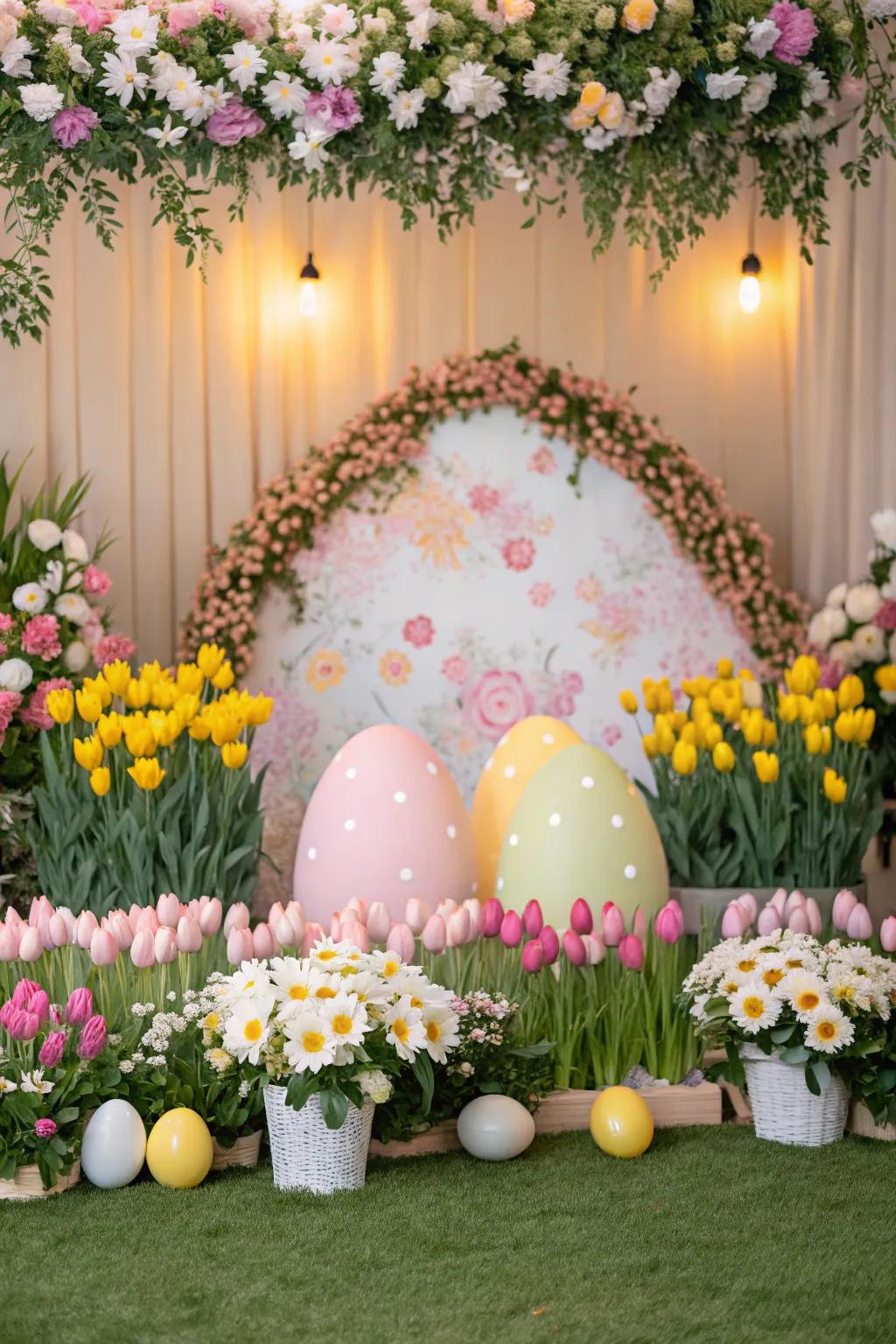 A vibrant flower setting featuring posies and gardenias incorporates springtime into Easter snapshots.