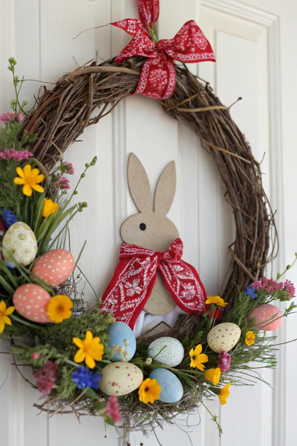 Savor the allure of Easter with a free-spirited bandana bunny wreath!