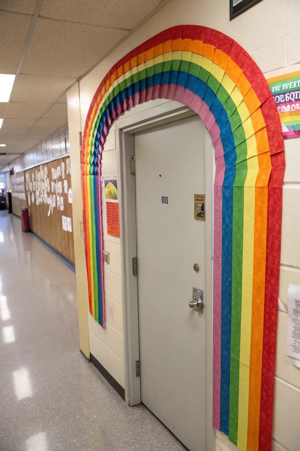 A spectrum of possibilities arches over a classroom door, igniting creativity and imagination.