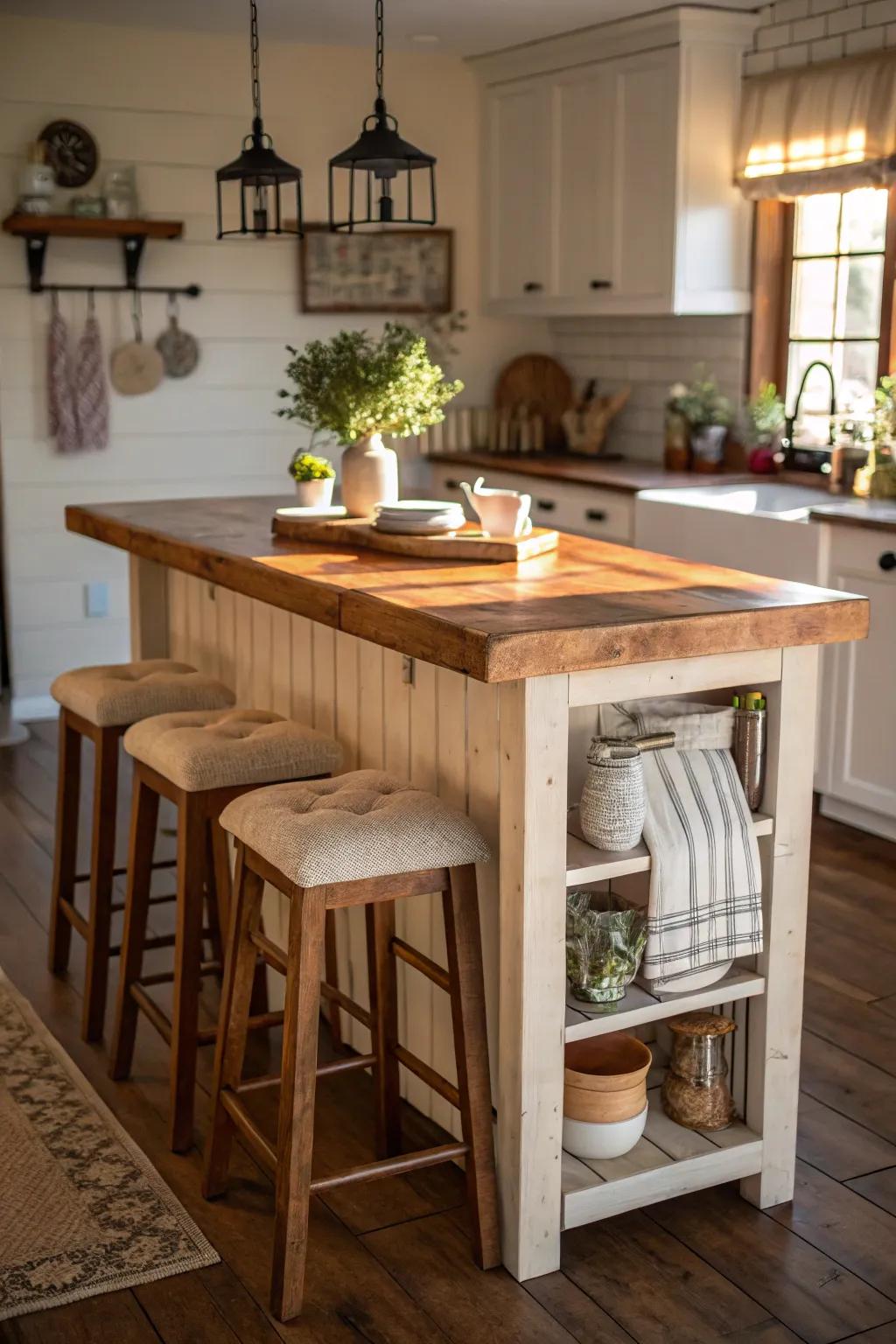 A cozy island featuring a useful woodblock surface.