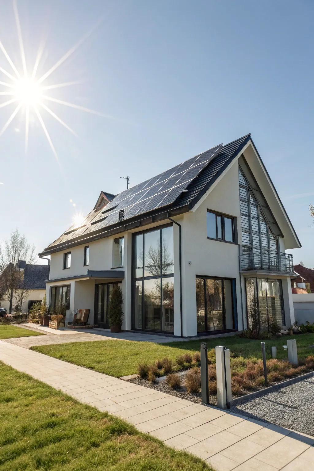 A contemporary home featuring sunlight panels, absorbing the sun&rsquo;s energy.