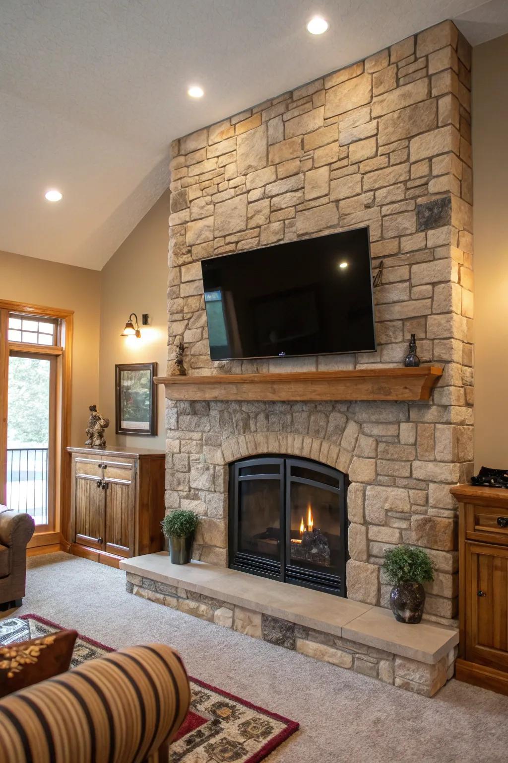 Use contrasting materials such as stone and wood for added depth and interest.