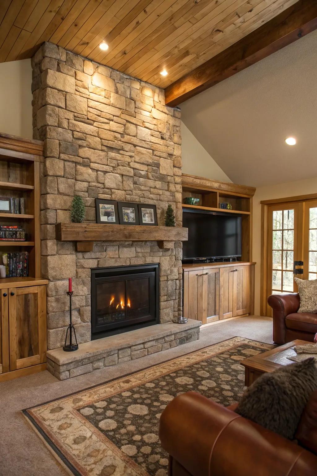 A rustic living room with a stone-clad electric fireplace and warm wooden features.