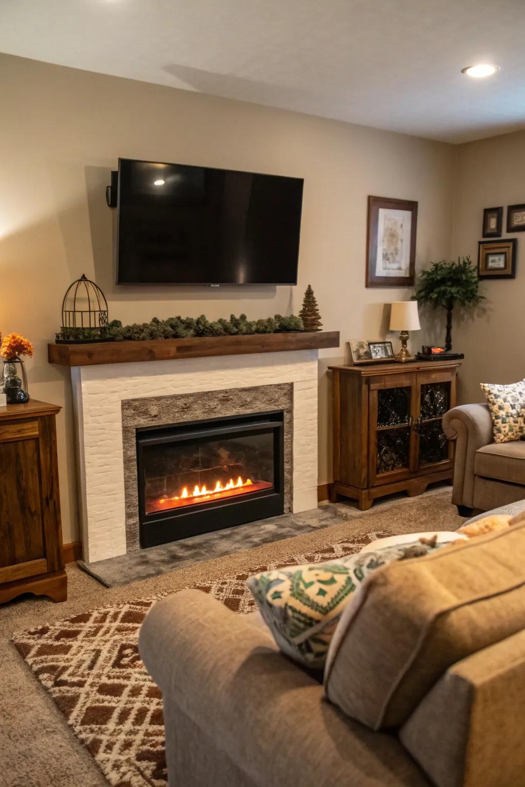 An electric fire feature adds warmth and style under a wall-mounted TV.