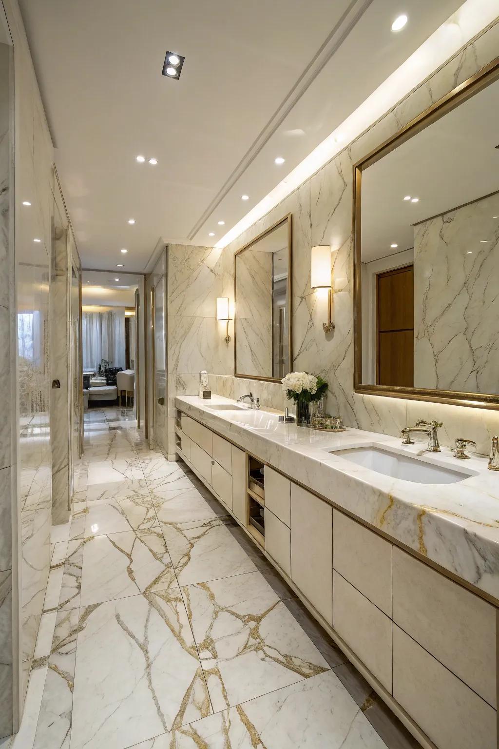Agate finishes bring enduring sophistication to this polished bathroom.