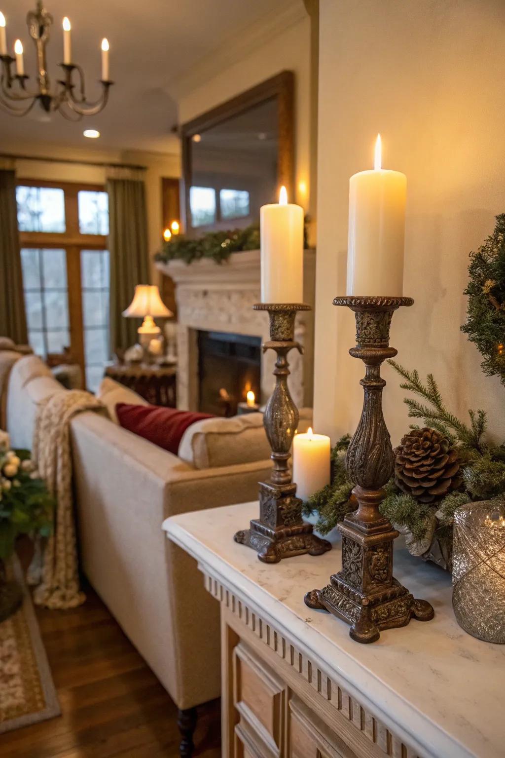 Symmetrical candles emit a gentle radiance and elevate elegance.